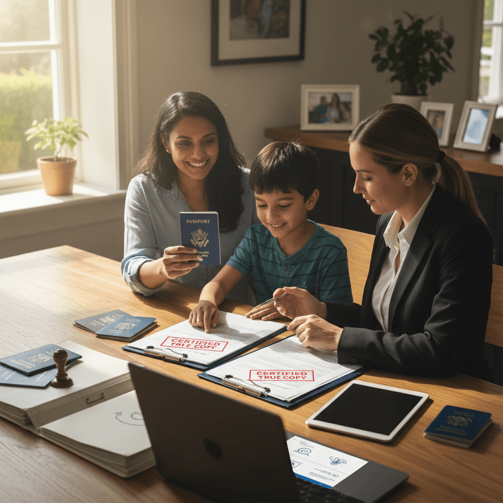 parent and child with passport and documents at home table, notary present