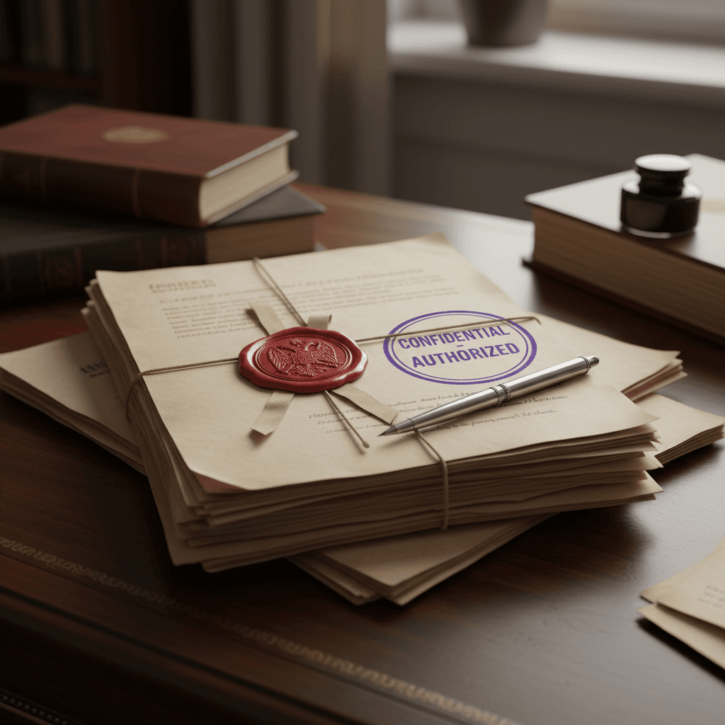 stack of official documents with stamp and seal on professional desk